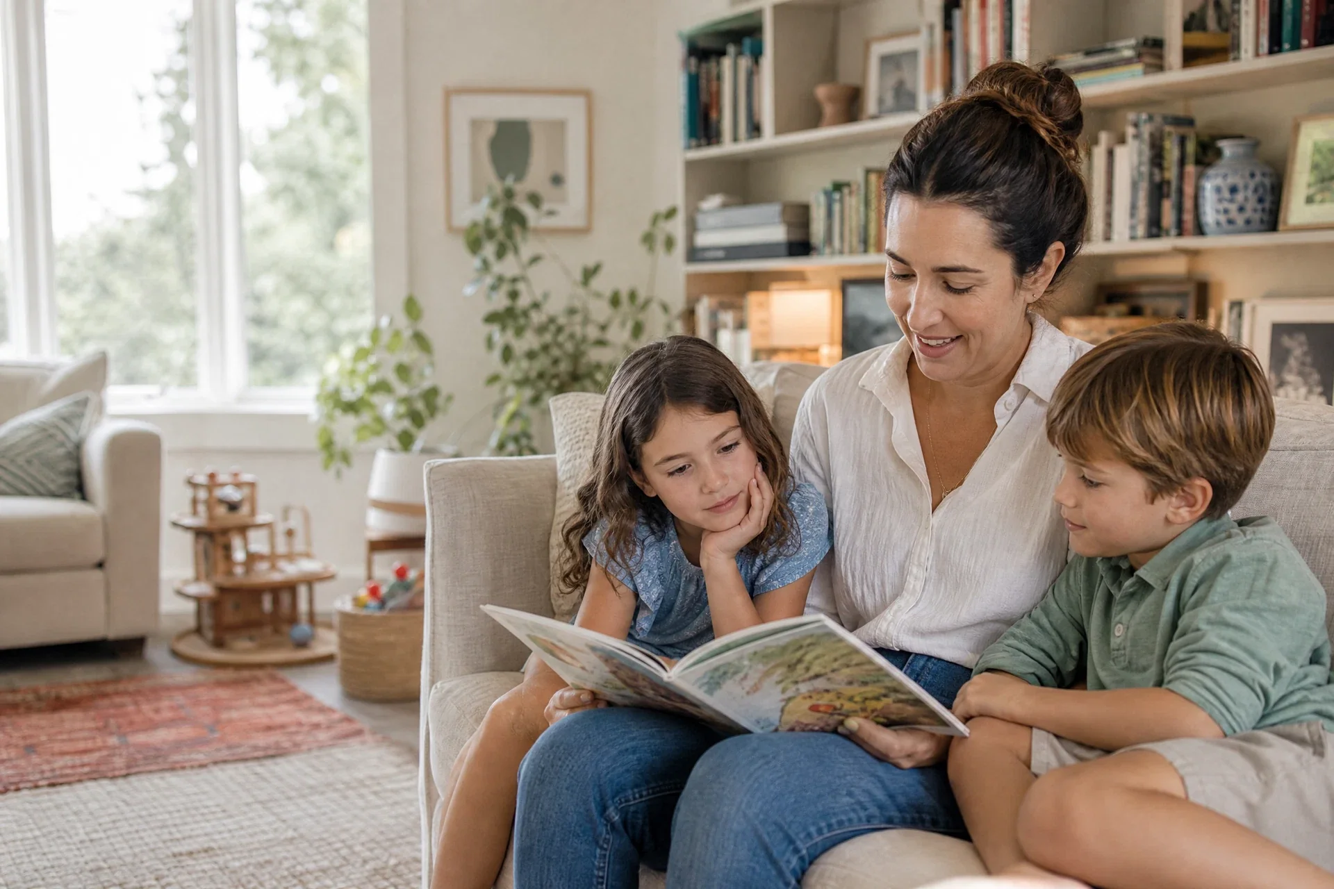 Experienced nanny reading with two young children in a family home